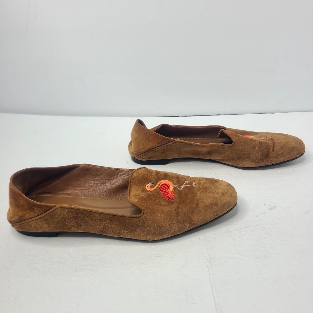 Aquazzura Firenze Flamingo Embroidered Suede Loafers Flats Brown Size 39 - Picture 2 of 9